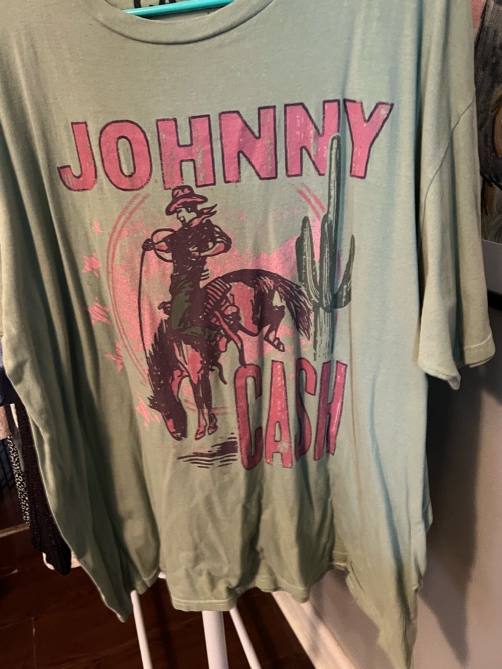 Johnny Cash Graphic Tee in Sage Green with Pink Print